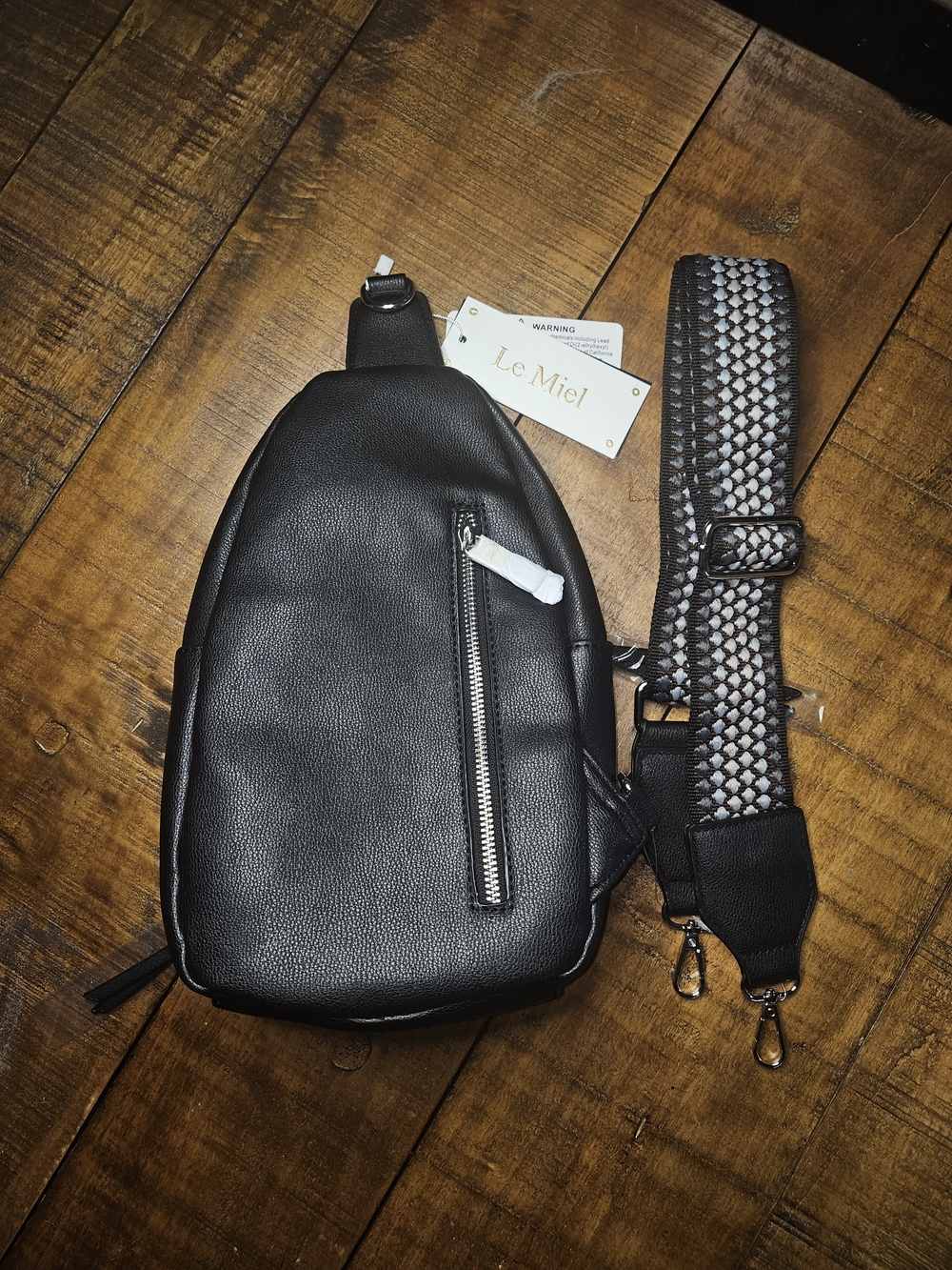 Nwt Le MIEL Black Leather Sling Bag with Patterned Strap